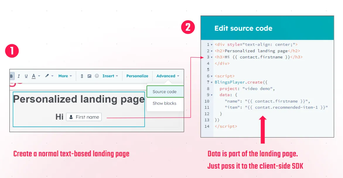 CRM landing page passing personalized data into the Blings player