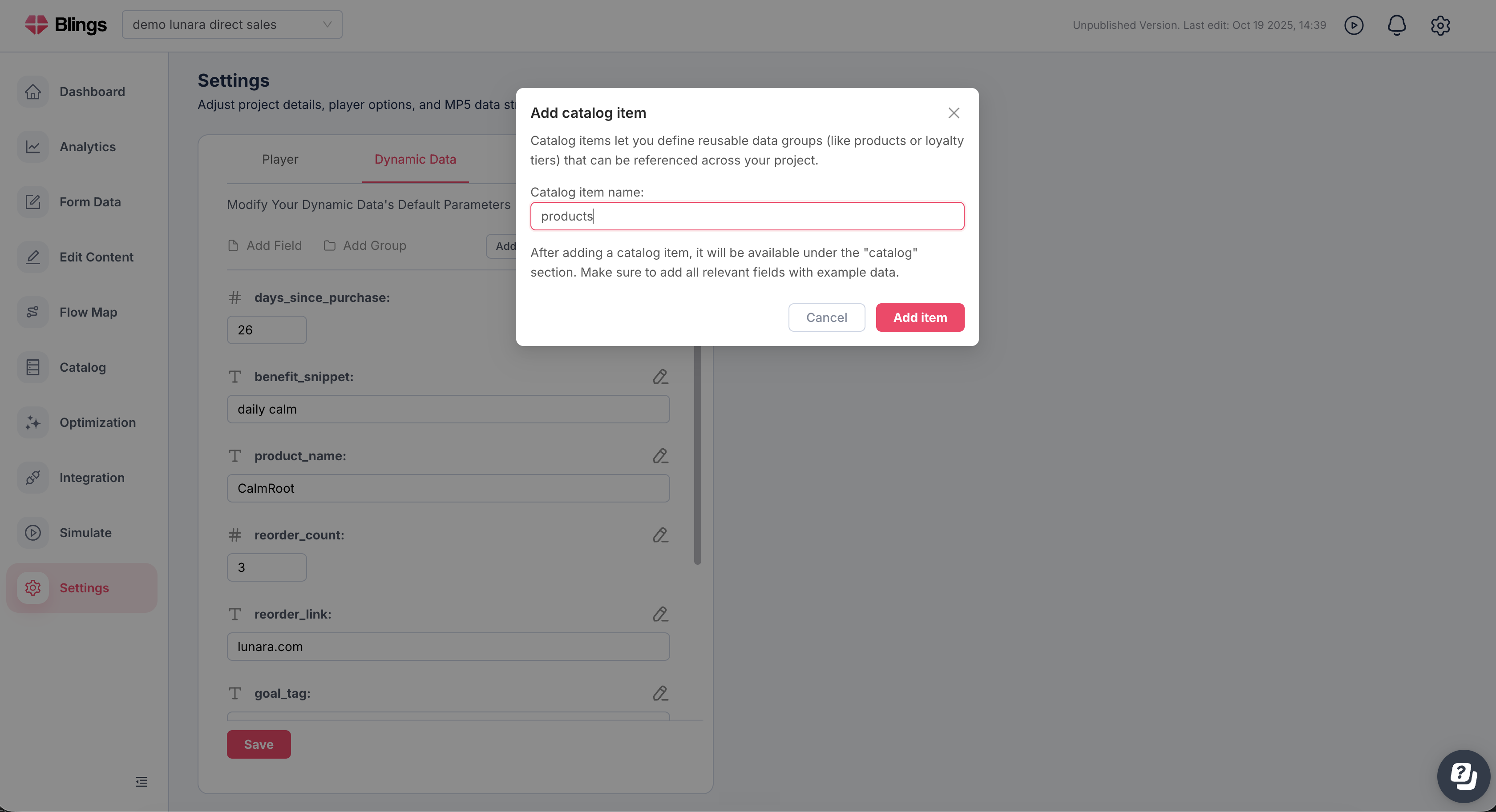 Add catalog item modal with products entered as the catalog item name