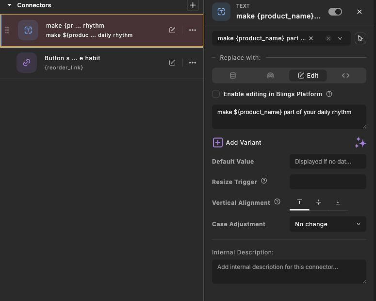 Studio Connect mode with a text connector selected for adding copy variants