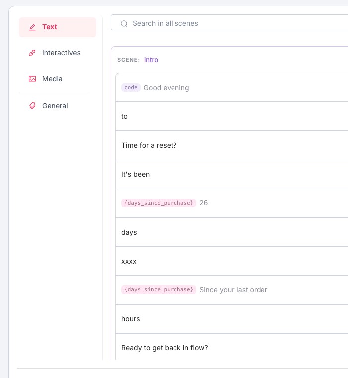 Edit Content text list with scene grouping, search, and dynamic token values
