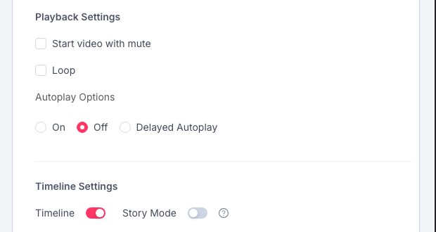 Player playback settings with mute, loop, autoplay, timeline, and story mode controls