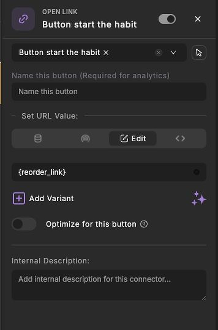 Open Link connector detail panel with trigger layer, analytics name, URL value, variants, optimization toggle, and internal description controls