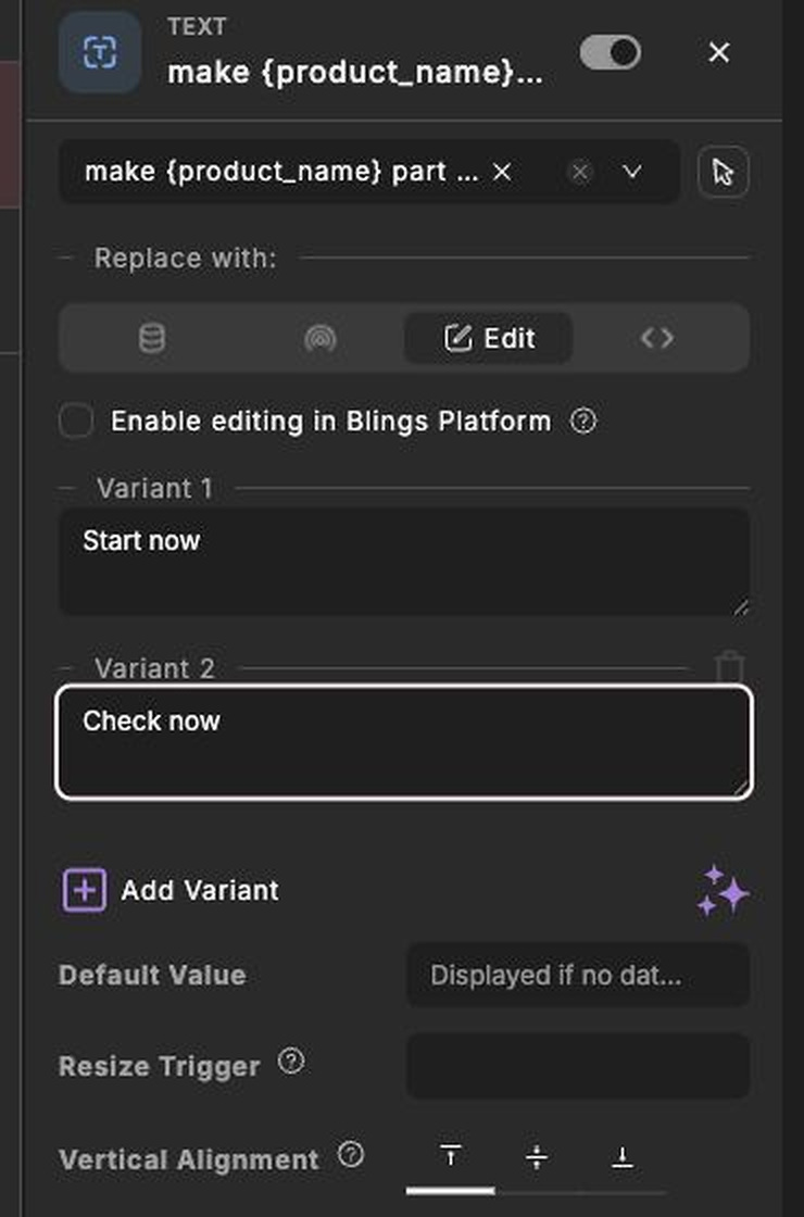 Studio text connector showing button text variants Start now and Check now