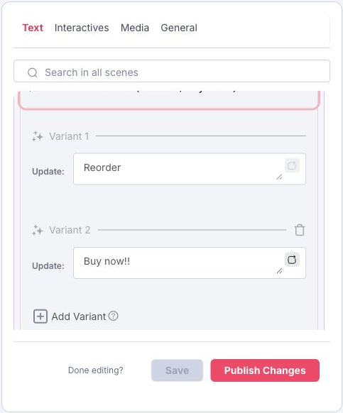 Platform Edit Content row expanded with two text variants and an Add Variant control