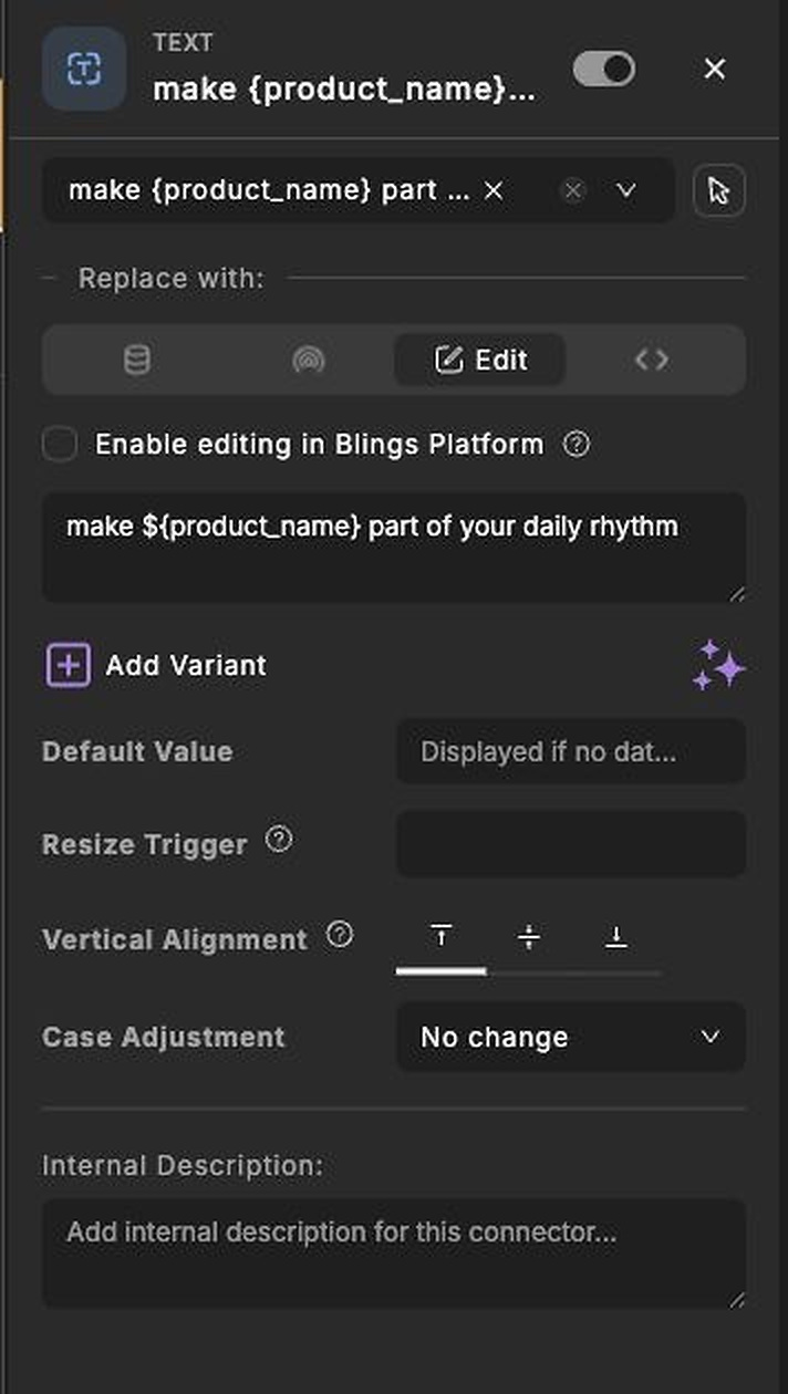 Close-up of a Studio text connector showing Add Variant and editable copy controls