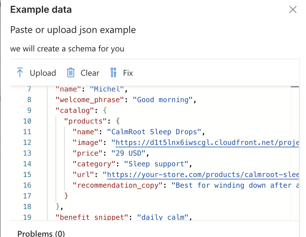 Dynamic Data code mode showing catalog products fields in JSON