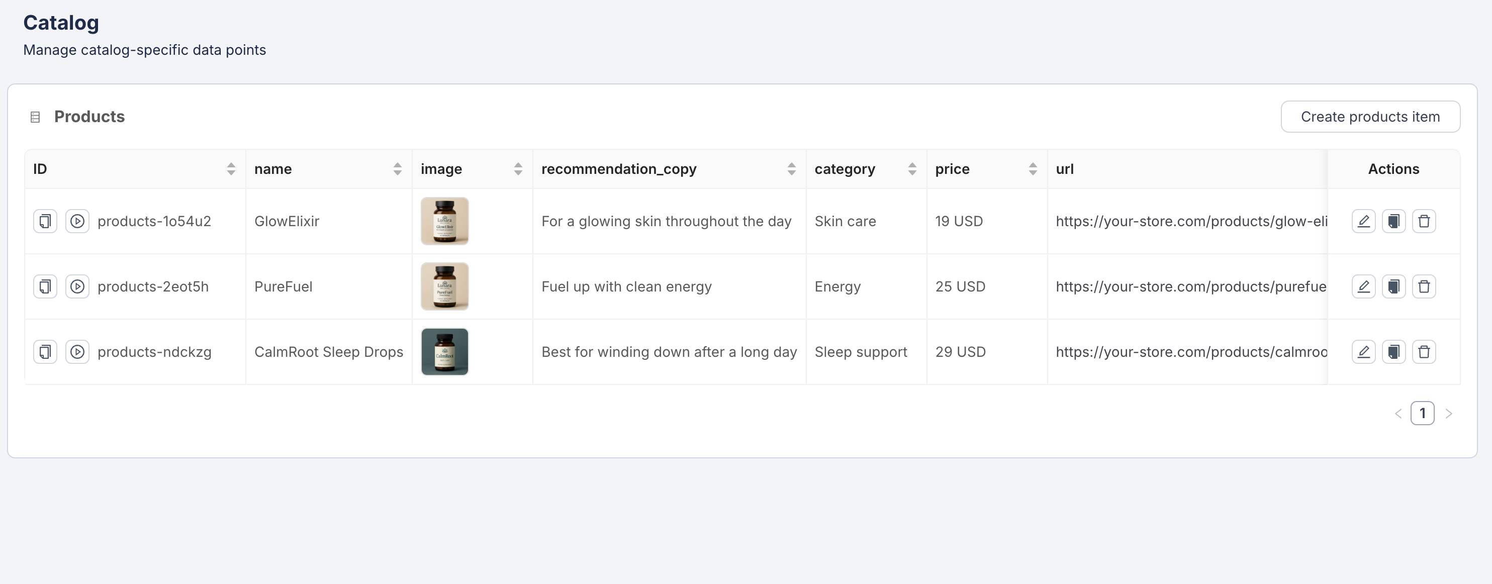 Catalog page showing a Products table with GlowElixir, PureFuel, and CalmRoot Sleep Drops rows