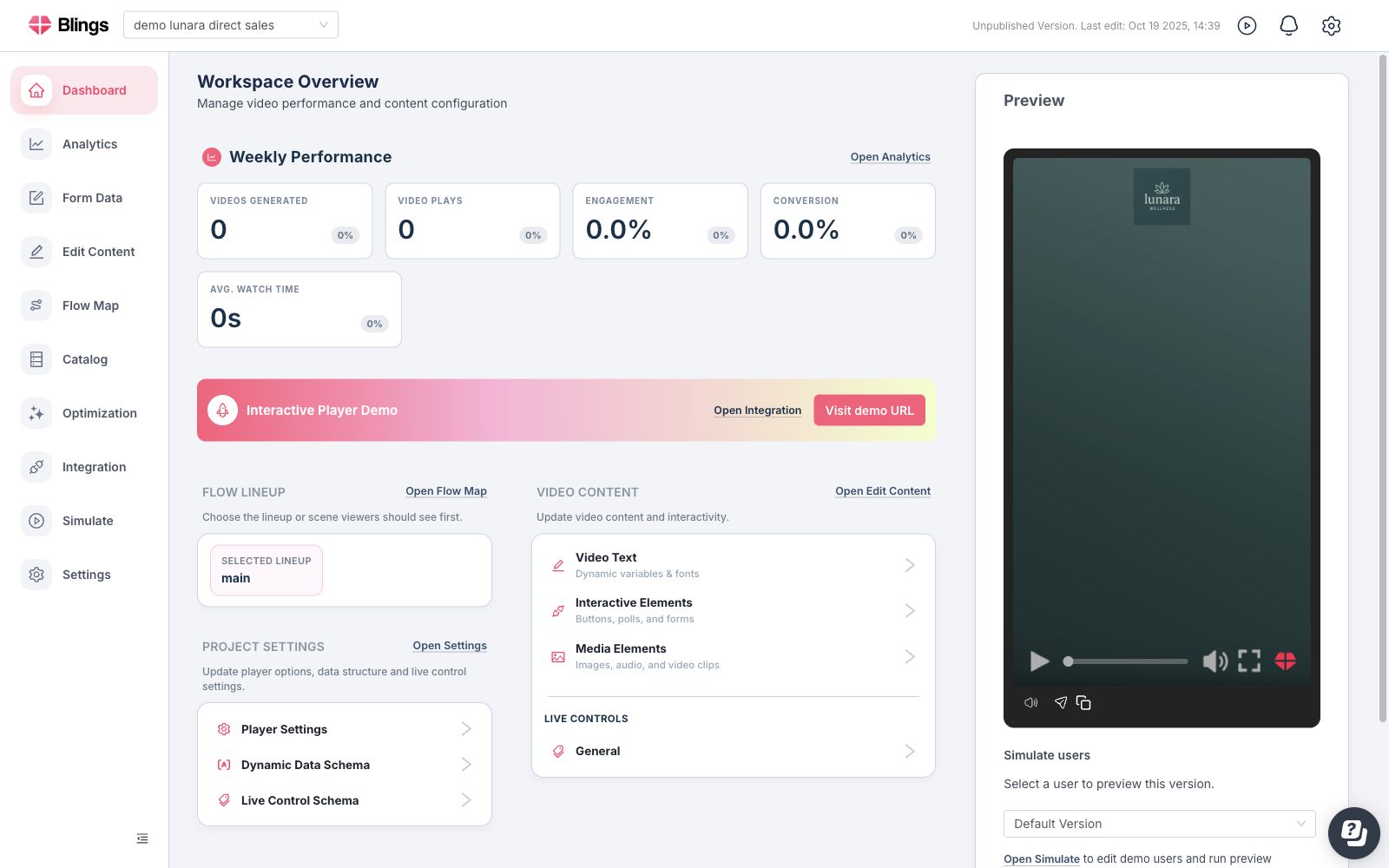 Workspace overview with weekly performance, player preview, content links, and project settings