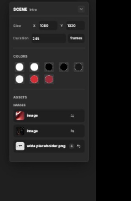 Focused Studio scene properties panel with size, duration, color swatches, and asset controls