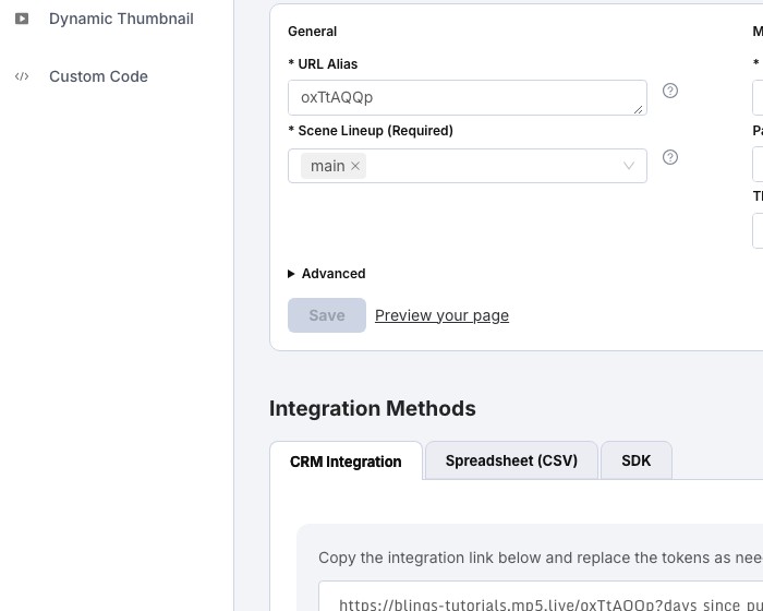 Integration landing page settings with URL alias, scene lineup, and preview link