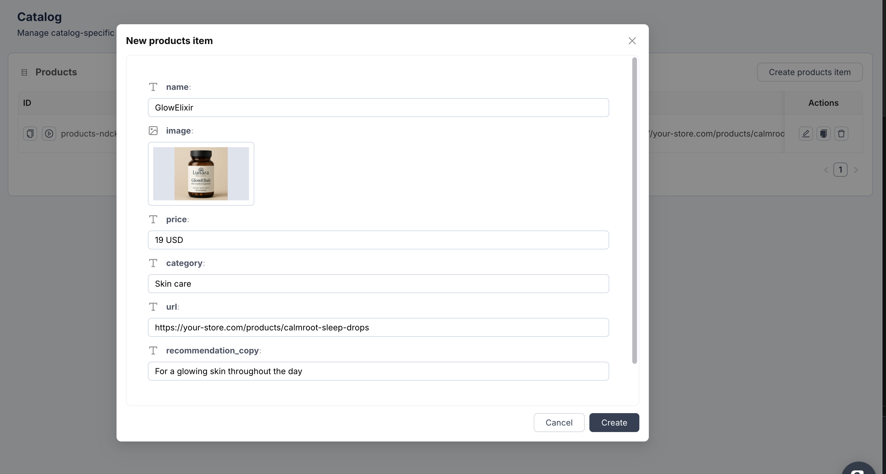 New products item modal with fields for name, image, price, category, URL, and recommendation copy