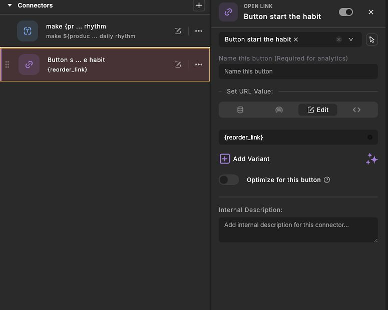 Studio Open Link connector selected for a button in Connect mode