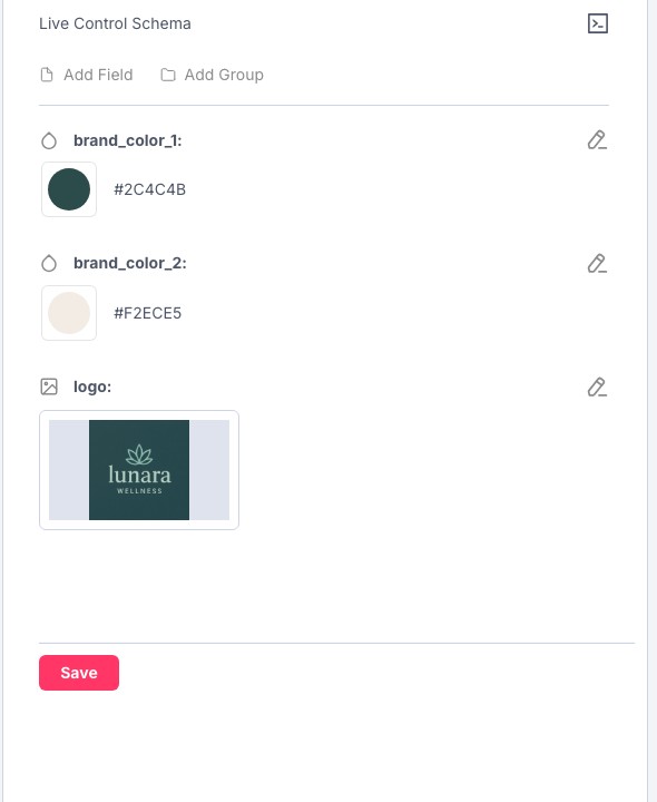 Live Control fields for brand colors and logo values