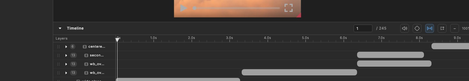Focused Studio timeline detail with layer rows, timing bars, playhead, frame ruler, filters, and zoom controls