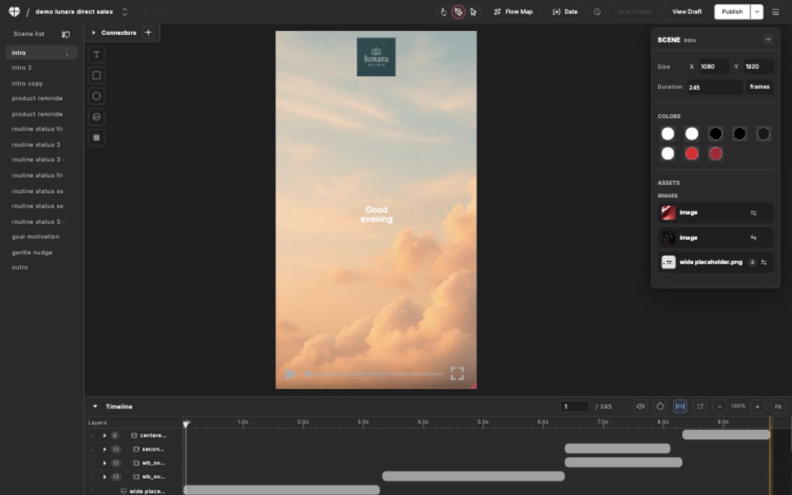 Blings Studio in Design mode with the canvas, right-side scene properties, and timeline visible
