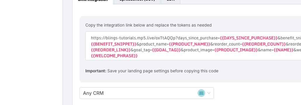 Integration Methods area showing project-specific CRM, spreadsheet, and SDK delivery instructions
