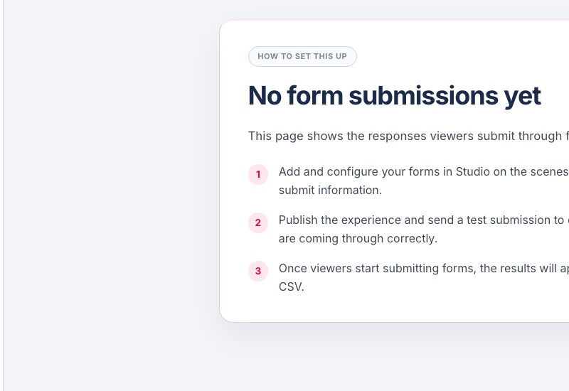 Form Data setup card describing form configuration, test submissions, and CSV export
