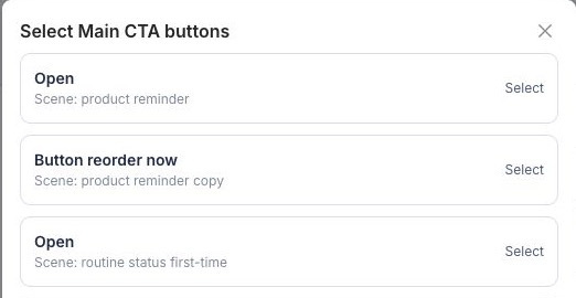 Main CTA button selector showing three available buttons and their scenes
