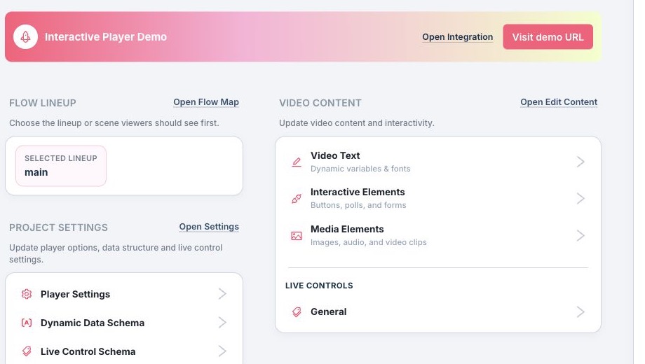 Dashboard shortcuts for flow lineup, video content, live controls, and project settings