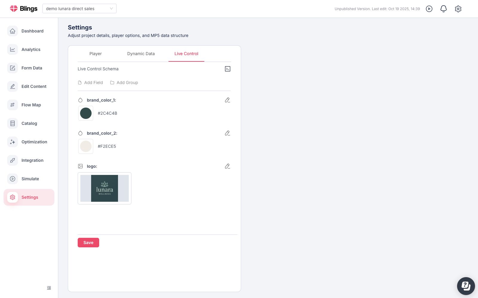 Live Control schema with brand colors and logo